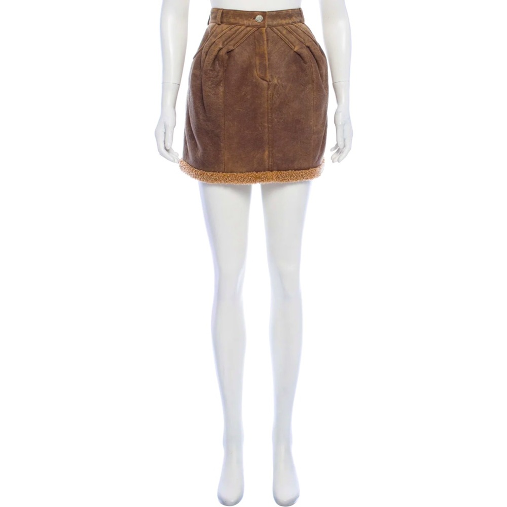 CHRISTIAN DIOR Shearling Brown Distressed Fur-Trimmed Pleated Mini Skirt Size: L